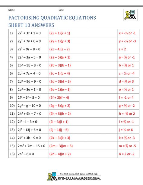 square up factoring quadratics worksheet answers